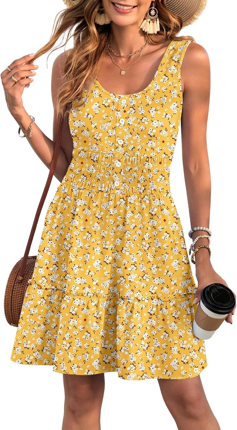 AUSELILY Women Summer Dress Sleeveless Tank Button Down Dresses Tiered Smocked Elastic Waist with Pockets