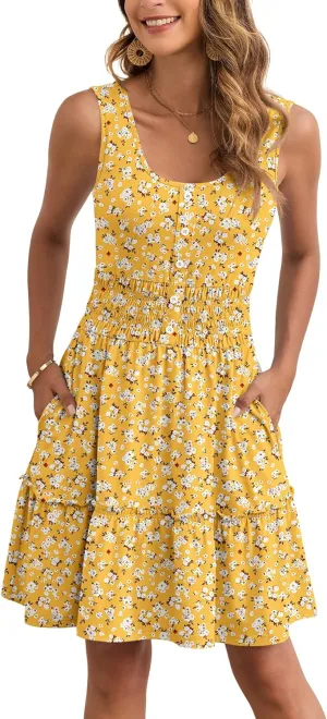 AUSELILY Women Summer Dress Sleeveless Tank Button Down Dresses Tiered Smocked Elastic Waist with Pockets