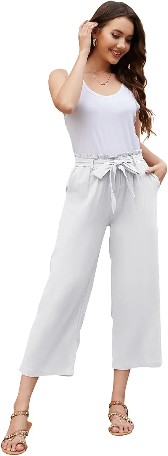 BATHRINS Women Cotton Linen Casual Flowy Pants Boho Tie Knot Palazzo Beach Pants Loose Wide Leg Trousers with Pockets