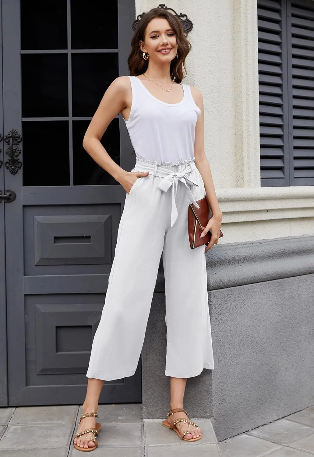 BATHRINS Women Cotton Linen Casual Flowy Pants Boho Tie Knot Palazzo Beach Pants Loose Wide Leg Trousers with Pockets