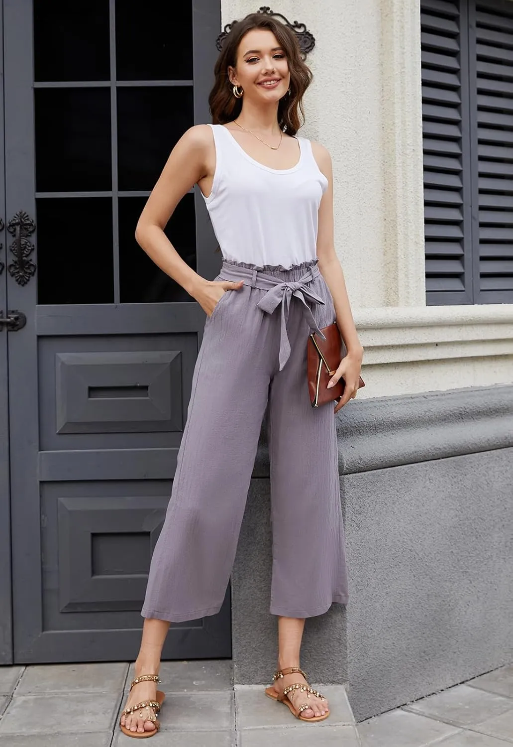 BATHRINS Women Cotton Linen Casual Flowy Pants Boho Tie Knot Palazzo Beach Pants Loose Wide Leg Trousers with Pockets