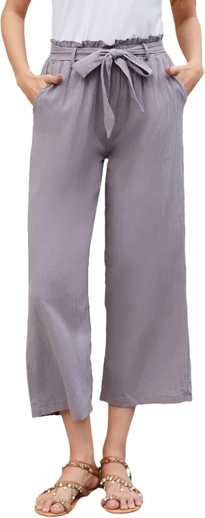 BATHRINS Women Cotton Linen Casual Flowy Pants Boho Tie Knot Palazzo Beach Pants Loose Wide Leg Trousers with Pockets
