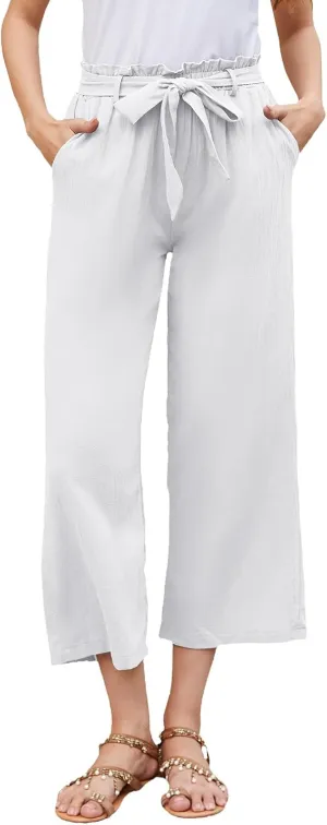 BATHRINS Women Cotton Linen Casual Flowy Pants Boho Tie Knot Palazzo Beach Pants Loose Wide Leg Trousers with Pockets
