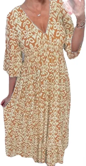 Bohemian Casual Print V-Neck Waist Wrap Long Dress, Plus Size Summer V Neck Floral Dress for Women, Bohemian 3/4 Sleeve