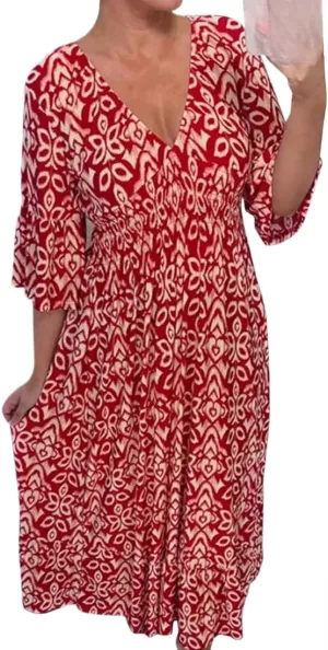 Bohemian Casual Print V-Neck Waist Wrap Long Dress, Plus Size Summer V Neck Floral Dress for Women, Bohemian 3/4 Sleeve