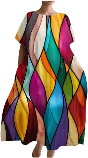 Boho Japanese Dress for Women Summer Vintage Floral Print Plus Size Casual Short Sleeve Crewneck Dresses