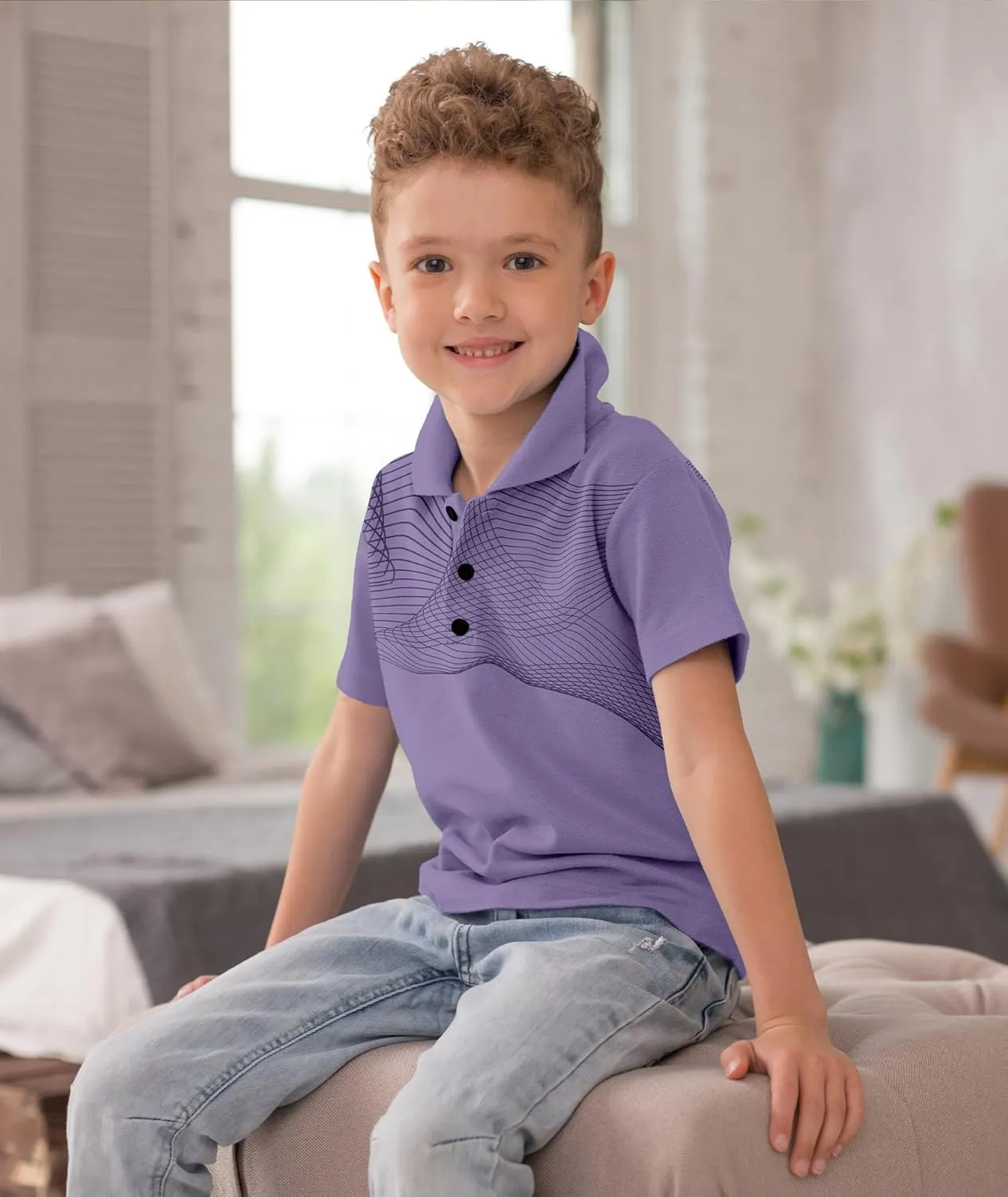 Boys Printed Polo Shirt Short Sleeve Stylish Moisture Wicking UPF 30  Performance Golf Shirts 7-16 Years