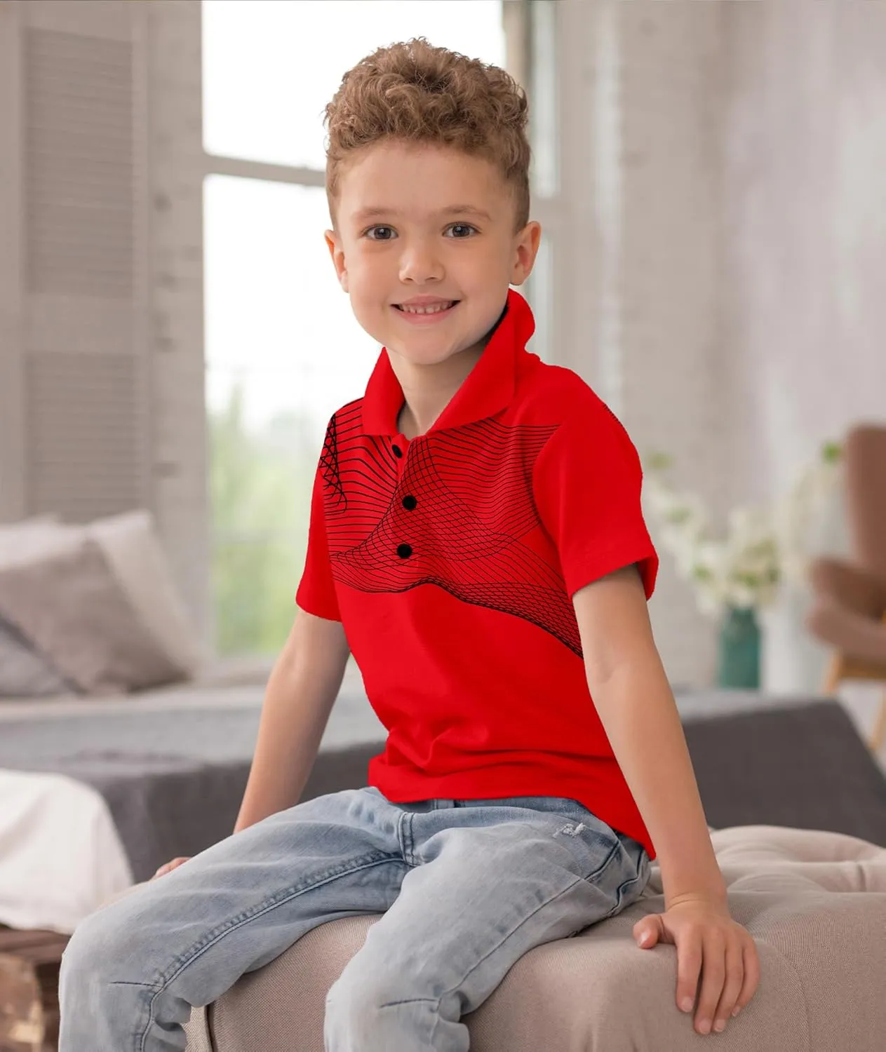 Boys Printed Polo Shirt Short Sleeve Stylish Moisture Wicking UPF 30  Performance Golf Shirts 7-16 Years