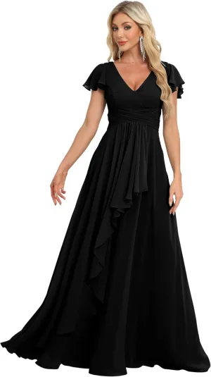 Bridesmaid Dresses Chiffon Wedding Guest Dresses for Women Floor Length V-Neck Ruffle Sleeves Ruched Formal Dress