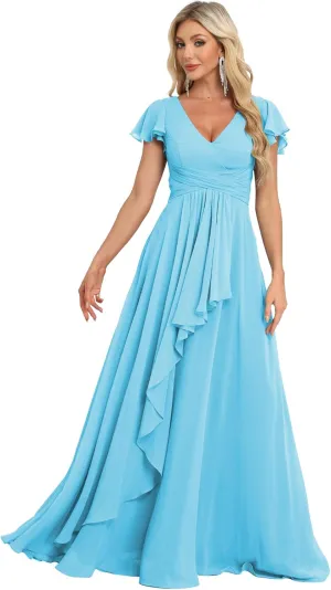 Bridesmaid Dresses Chiffon Wedding Guest Dresses for Women Floor Length V-Neck Ruffle Sleeves Ruched Formal Dress
