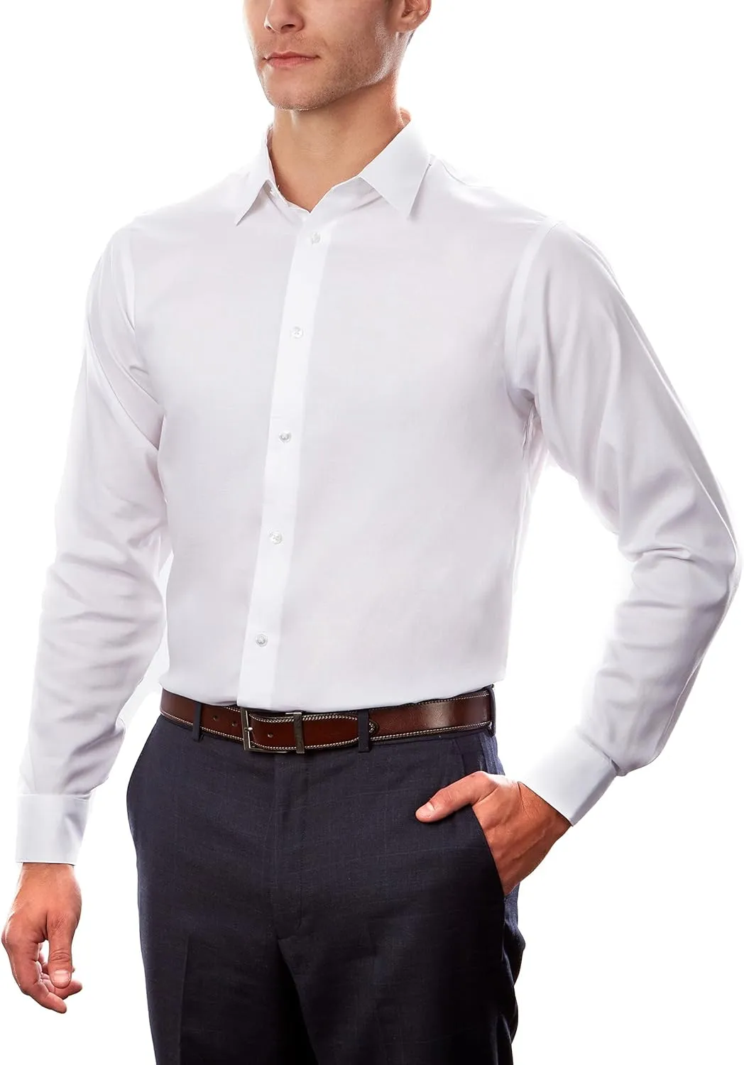 Calvin Klein Men's Dress Shirts Non Iron Regular Fit Stretch Unsolid Solid Shirt, White, 15" Neck 34-35" Sleeve