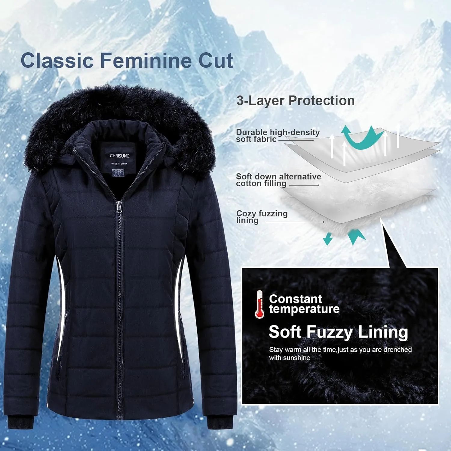 Chrisuno Women's Casual Short Winter Puffer Coat Soft Faux Fur Lining Lightweight Warm Jackets With Removable Hood