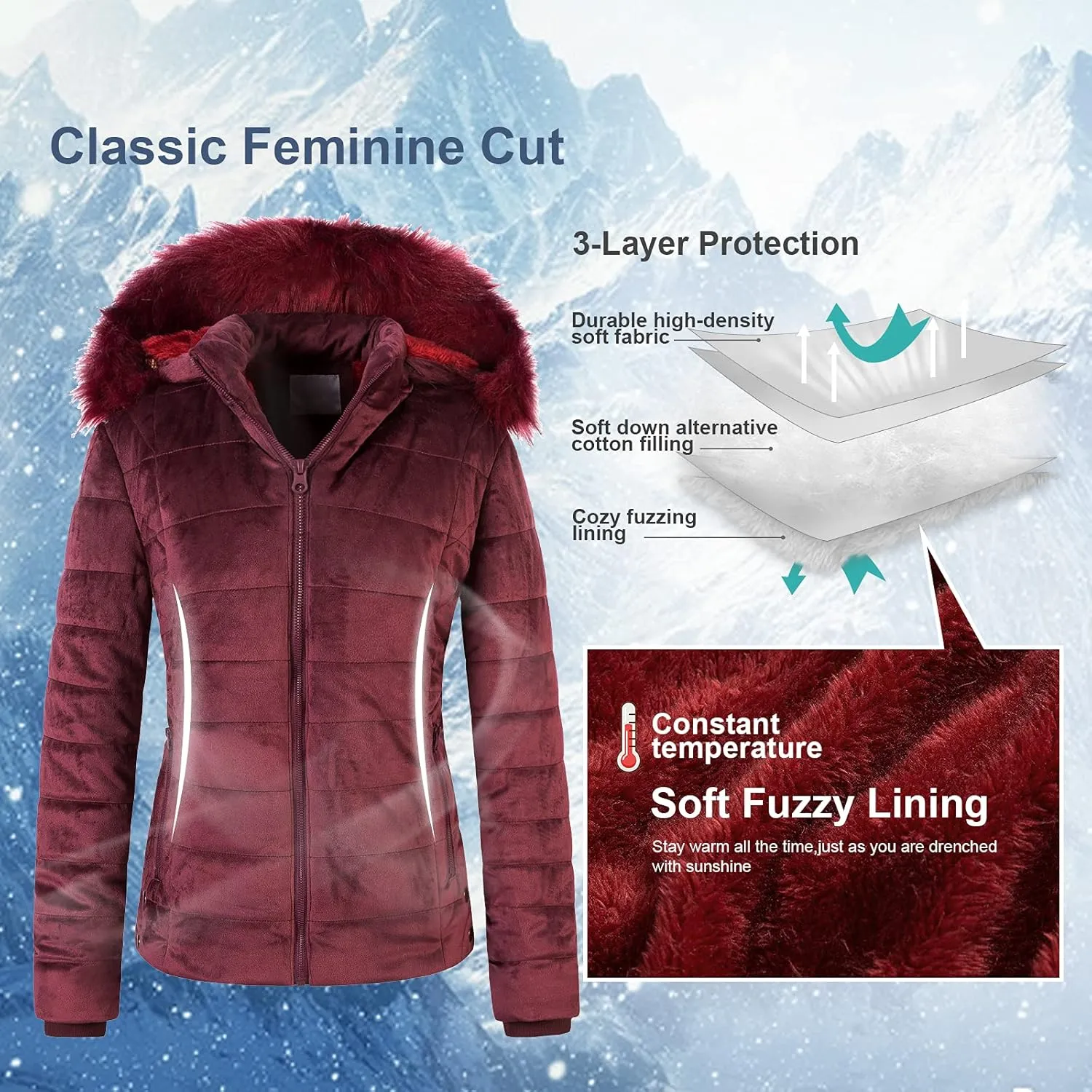 Chrisuno Women's Casual Short Winter Puffer Coat Soft Faux Fur Lining Lightweight Warm Jackets With Removable Hood