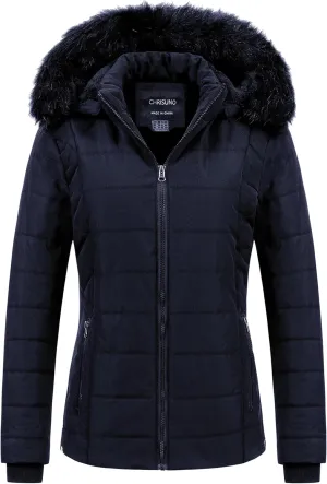 Chrisuno Women's Casual Short Winter Puffer Coat Soft Faux Fur Lining Lightweight Warm Jackets With Removable Hood