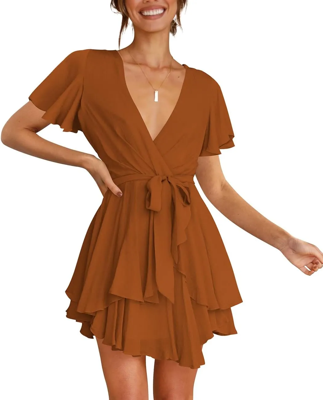 Cosonsen Women's Dress Deep V-Neck Long Sleeve Waist Tie Ruffle Mini Swing Skater Dresses