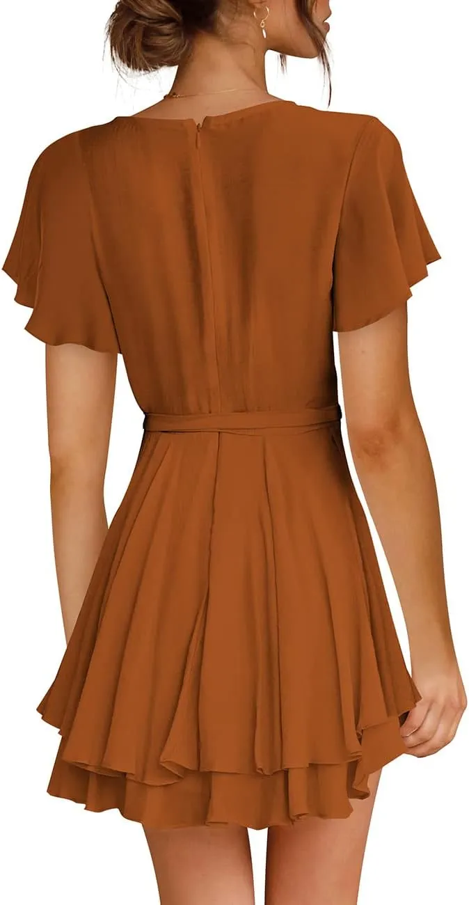 Cosonsen Women's Dress Deep V-Neck Long Sleeve Waist Tie Ruffle Mini Swing Skater Dresses