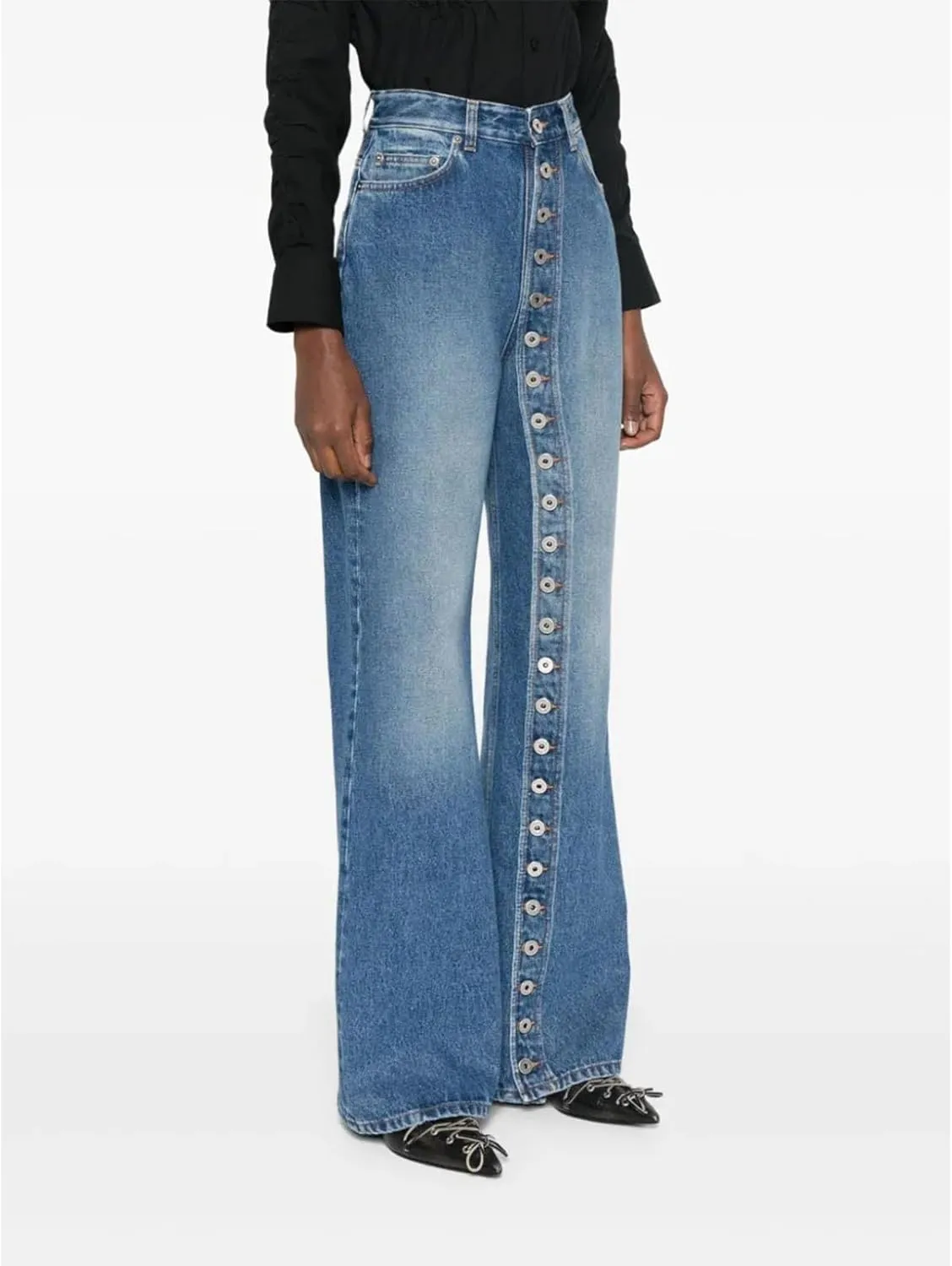 Dawery Retro Women's Multi Button Straight Leg Denim Pants Spring High Waisted Wide Leg Pants High Street Female Jeans