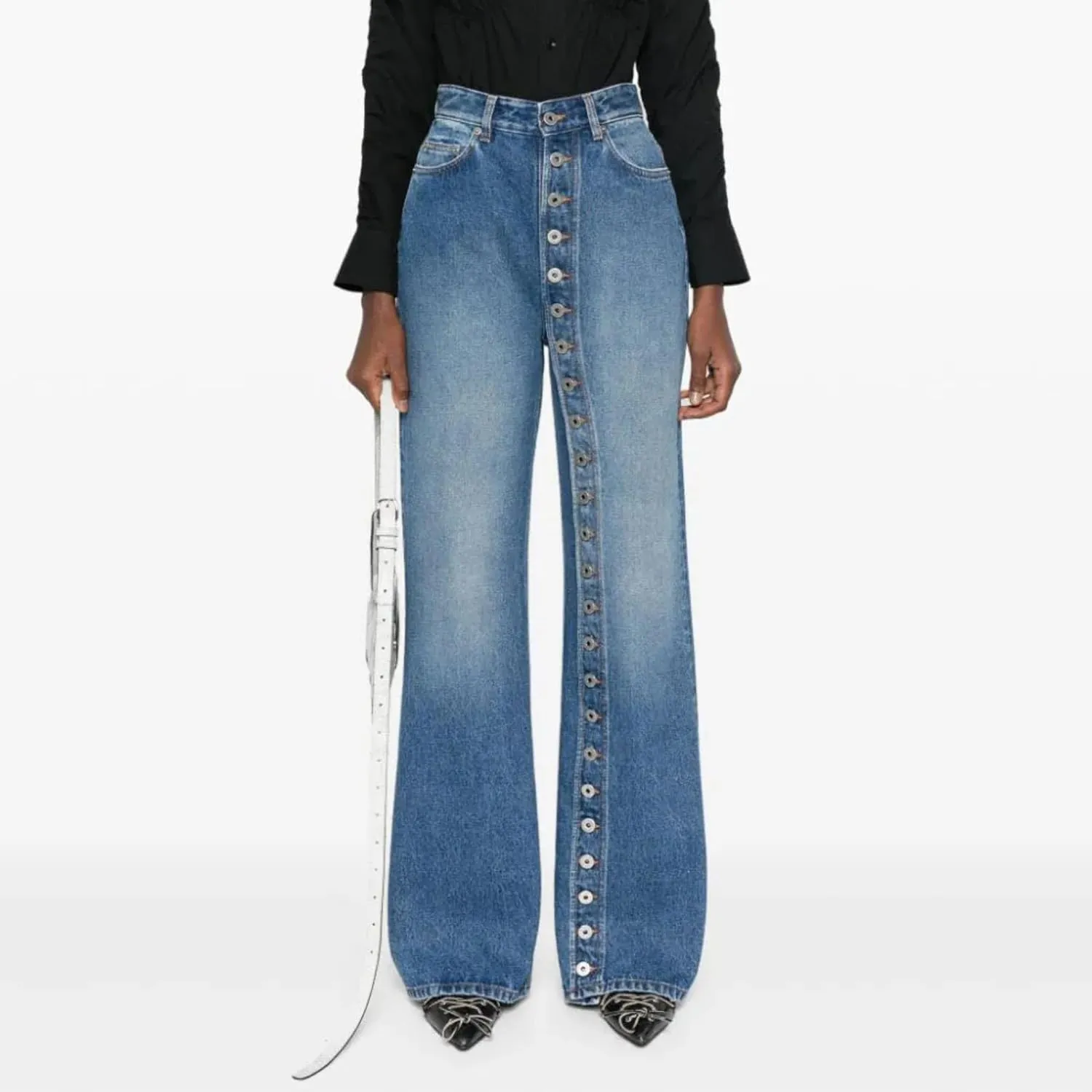 Dawery Retro Women's Multi Button Straight Leg Denim Pants Spring High Waisted Wide Leg Pants High Street Female Jeans