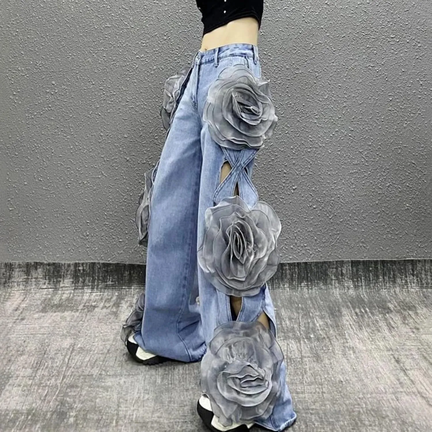 Dawery Y2K 3D Flower Stitching Hollow Out High Waist Loose Jeans Pants Women Wide Leg Oversized Denim Trouser Female Clothes