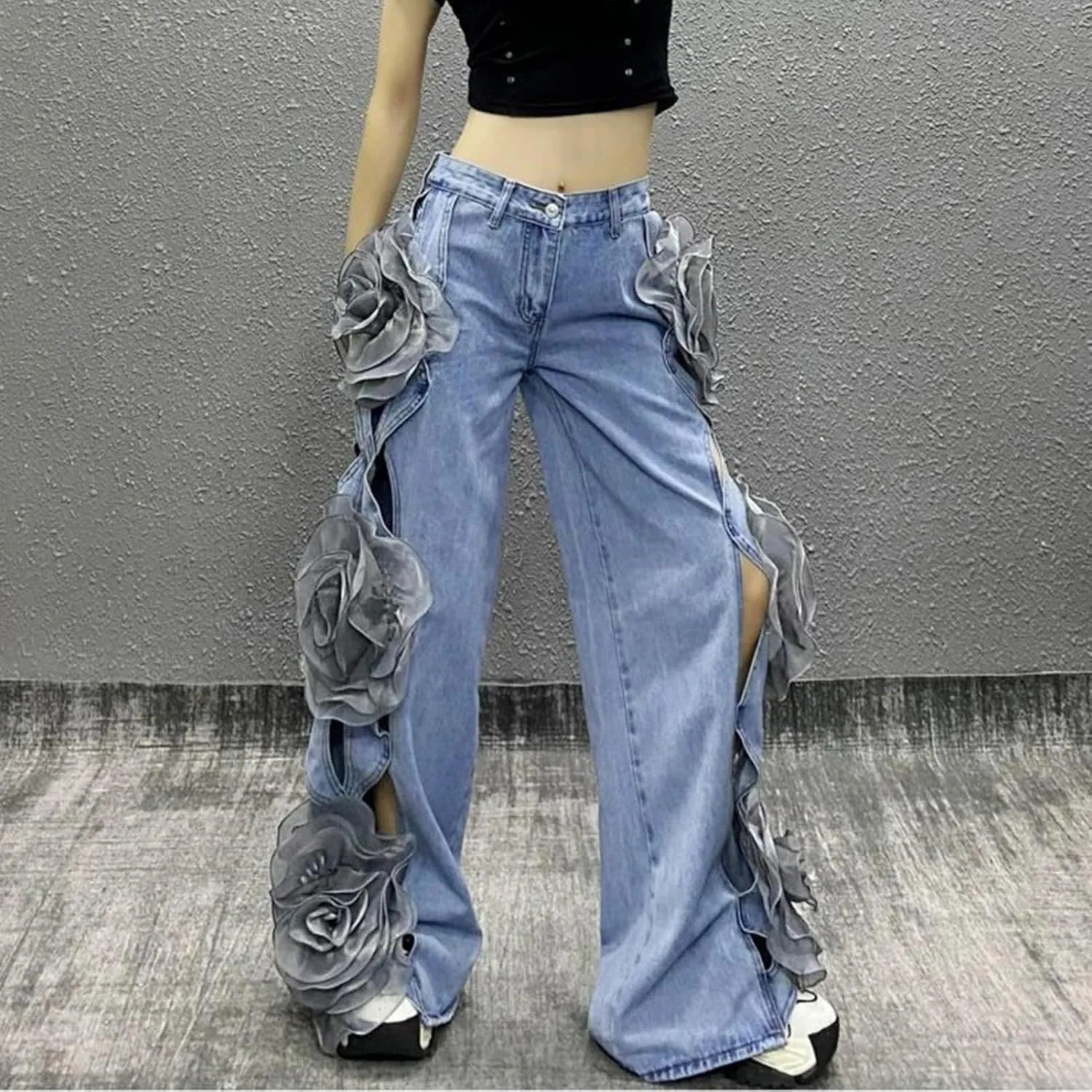Dawery Y2K 3D Flower Stitching Hollow Out High Waist Loose Jeans Pants Women Wide Leg Oversized Denim Trouser Female Clothes
