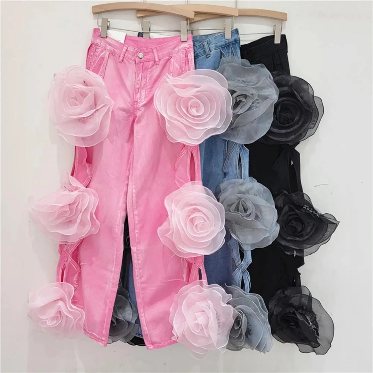 Dawery Y2K 3D Flower Stitching Hollow Out High Waist Loose Jeans Pants Women Wide Leg Oversized Denim Trouser Female Clothes