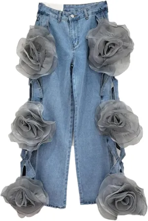 Dawery Y2K 3D Flower Stitching Hollow Out High Waist Loose Jeans Pants Women Wide Leg Oversized Denim Trouser Female Clothes