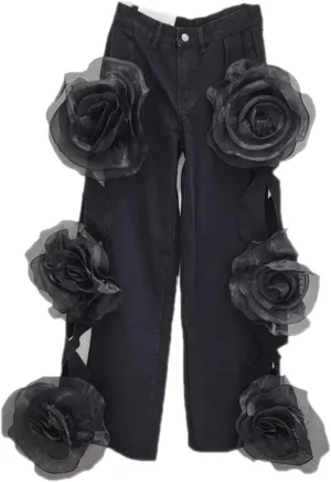 Dawery Y2K 3D Flower Stitching Hollow Out High Waist Loose Jeans Pants Women Wide Leg Oversized Denim Trouser Female Clothes
