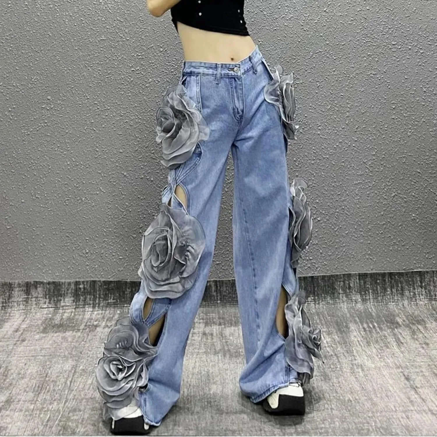 Dawery Y2K 3D Flower Stitching Hollow Out High Waist Loose Jeans Pants Women Wide Leg Oversized Denim Trouser Female Clothes