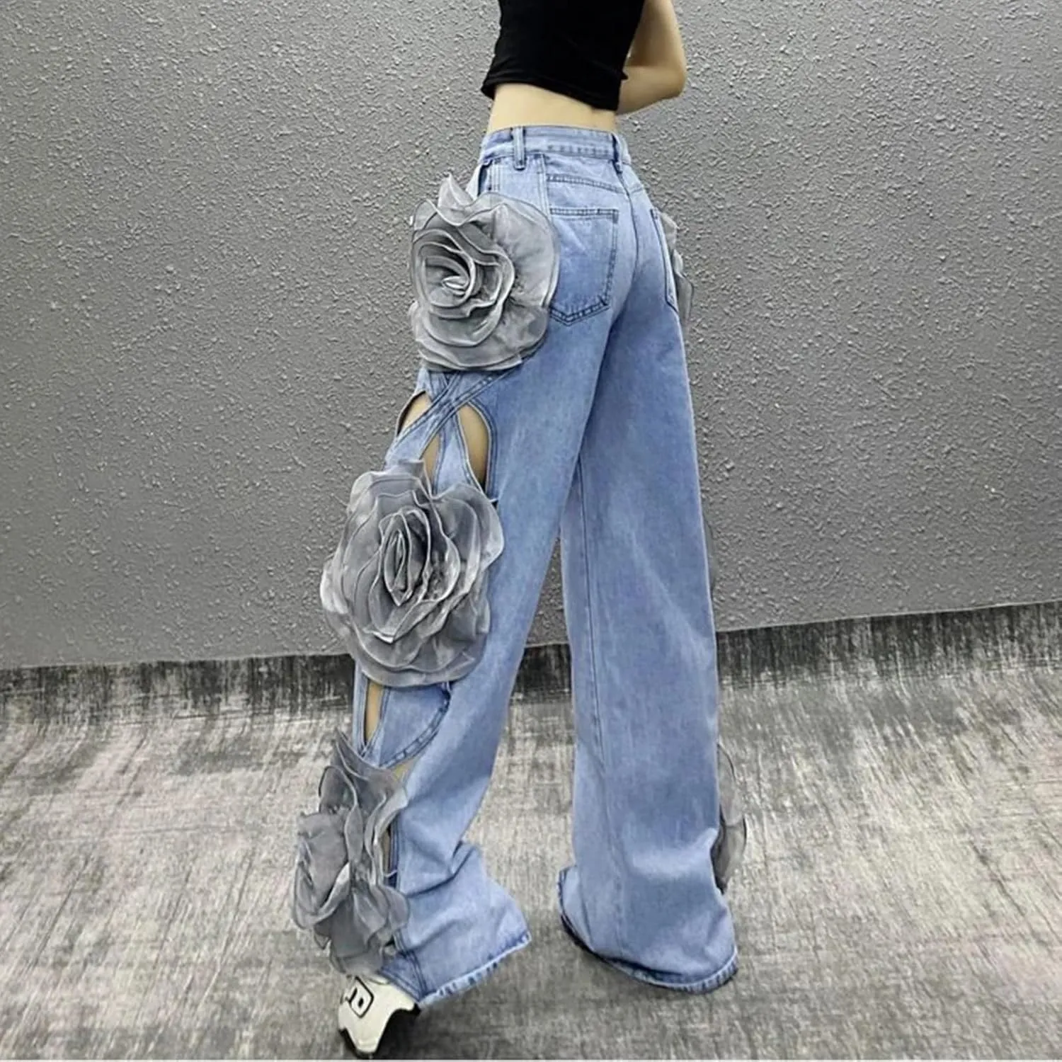 Dawery Y2K 3D Flower Stitching Hollow Out High Waist Loose Jeans Pants Women Wide Leg Oversized Denim Trouser Female Clothes