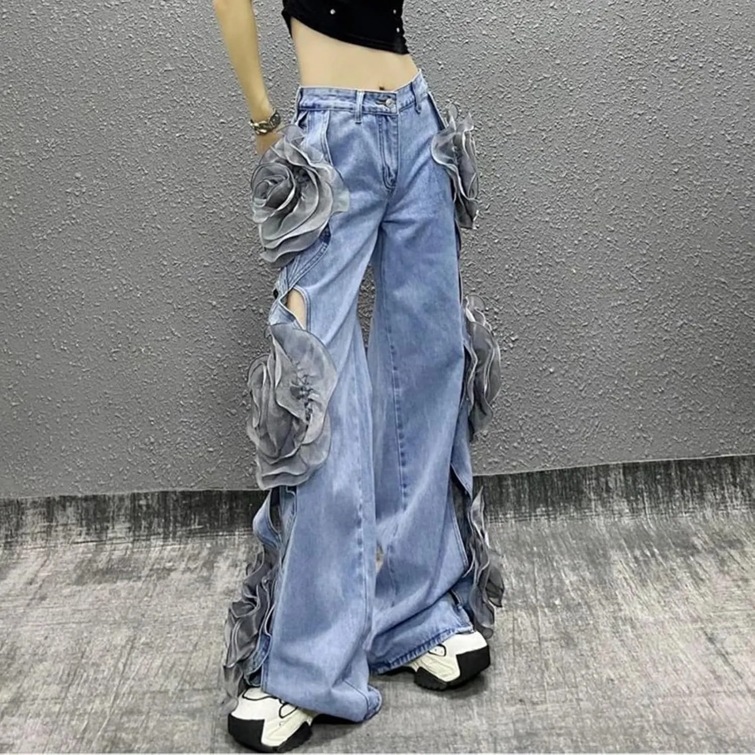 Dawery Y2K 3D Flower Stitching Hollow Out High Waist Loose Jeans Pants Women Wide Leg Oversized Denim Trouser Female Clothes