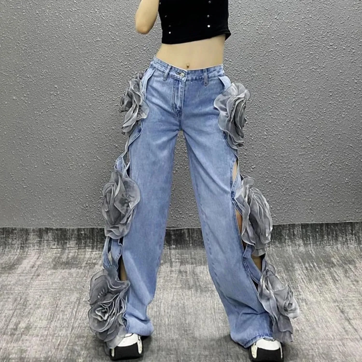 Dawery Y2K 3D Flower Stitching Hollow Out High Waist Loose Jeans Pants Women Wide Leg Oversized Denim Trouser Female Clothes