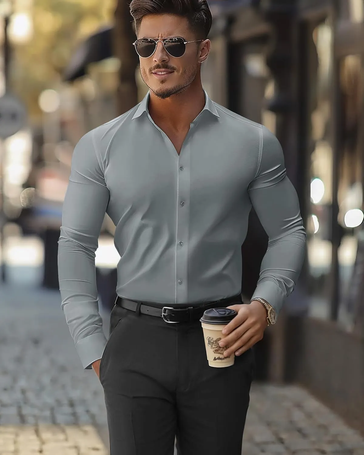 DEMEANOR Stretch Mens Dress Shirts Long Sleeve Slim Fit Dress Shirts for Men Muscle Fit Wrinkle Free Button Down Shirt