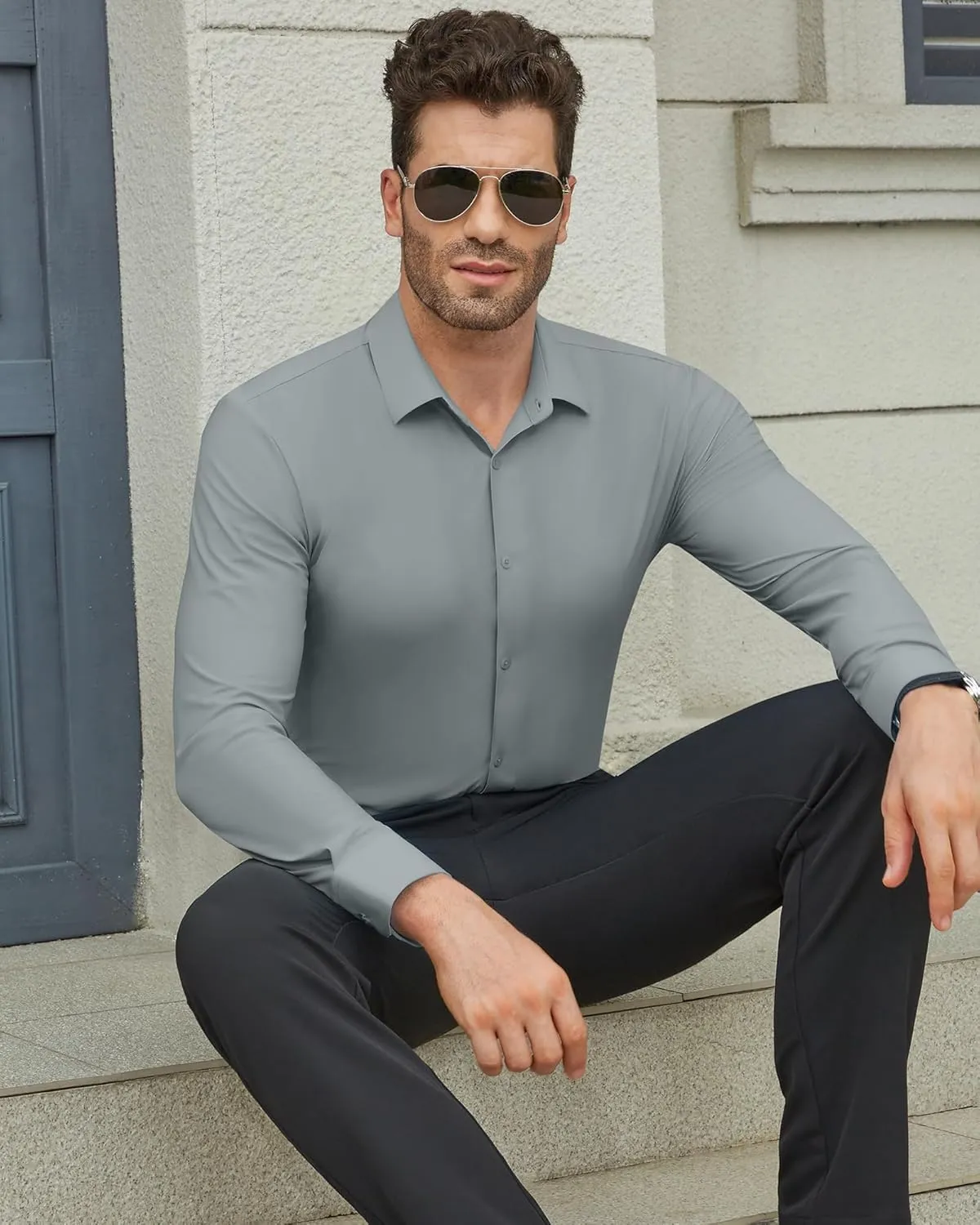 DEMEANOR Stretch Mens Dress Shirts Long Sleeve Slim Fit Dress Shirts for Men Muscle Fit Wrinkle Free Button Down Shirt