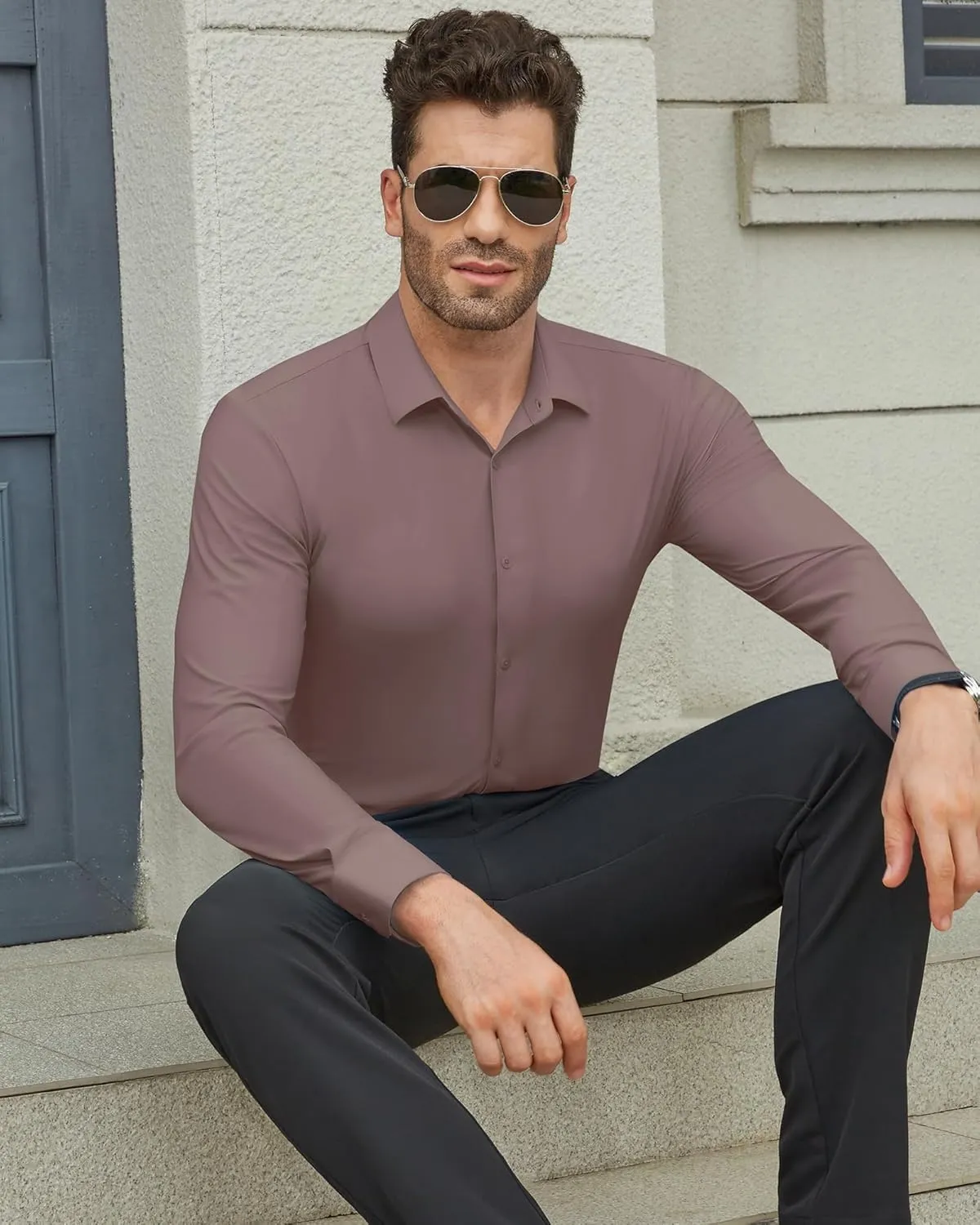 DEMEANOR Stretch Mens Dress Shirts Long Sleeve Slim Fit Dress Shirts for Men Muscle Fit Wrinkle Free Button Down Shirt