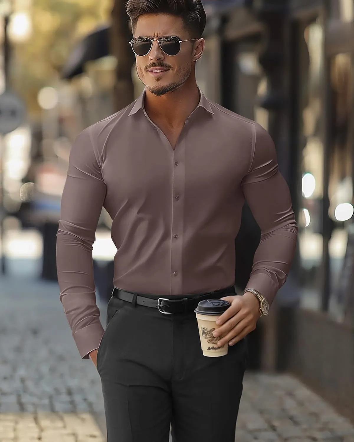 DEMEANOR Stretch Mens Dress Shirts Long Sleeve Slim Fit Dress Shirts for Men Muscle Fit Wrinkle Free Button Down Shirt