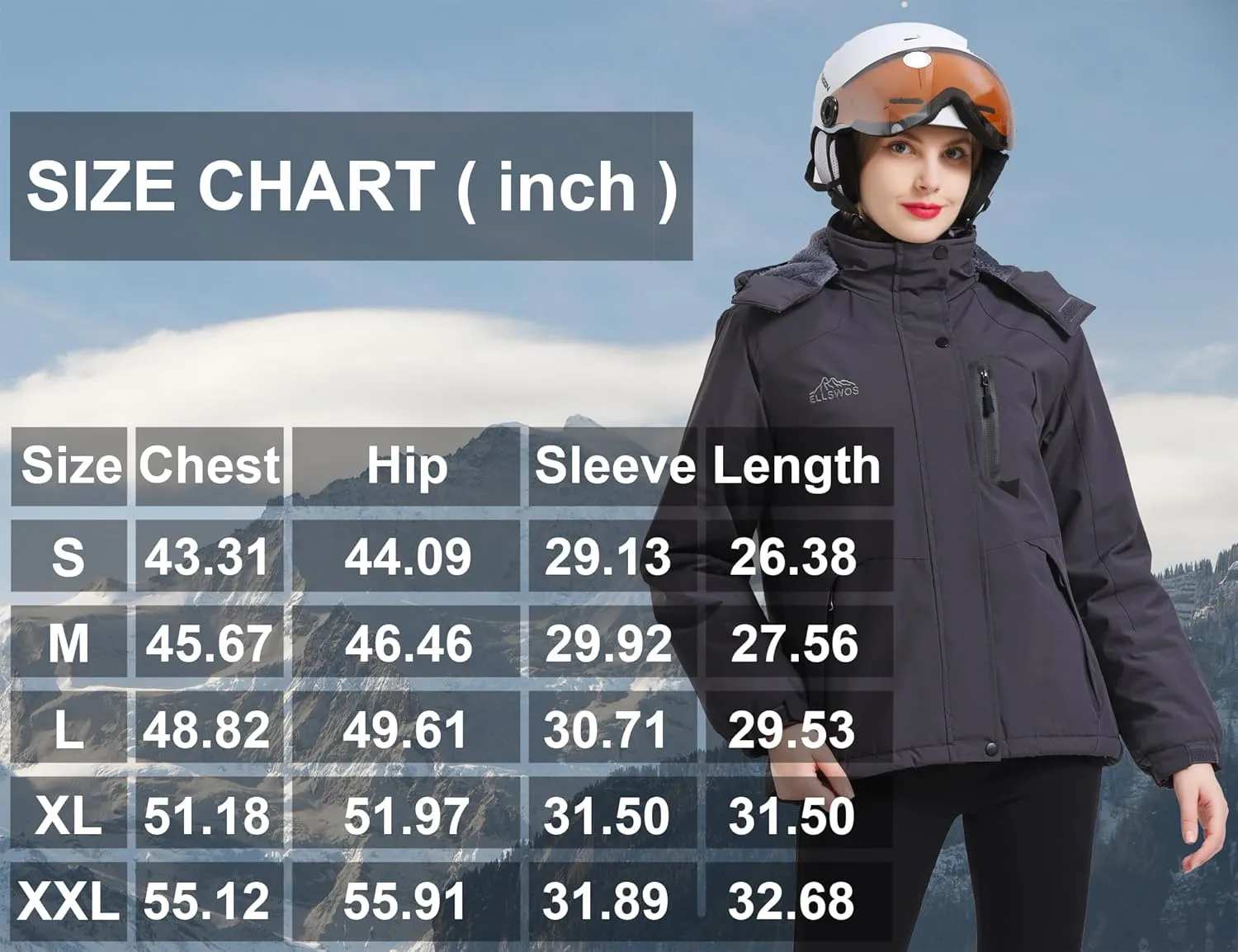 ELLSWOS Womens Winter Coats Waterproof Ski Jacket Warm Snow Jackets Windproof Windbreaker Hooded Raincoat