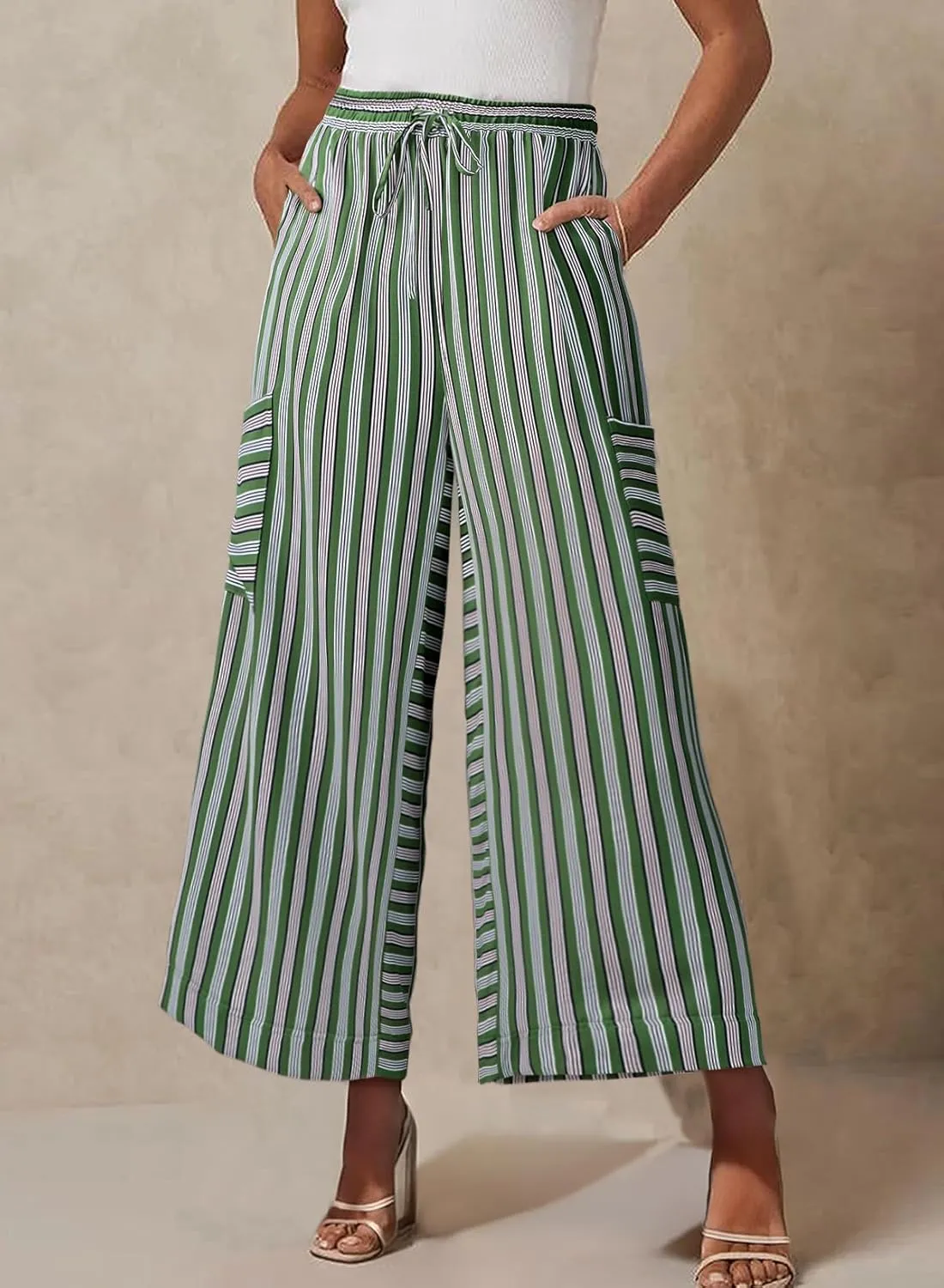 EVALESS Women Palazzo Pants Summer Casual Wide Leg High Waist Lounge Flowy Beach Striped Trousers Travel Vacation Outfits