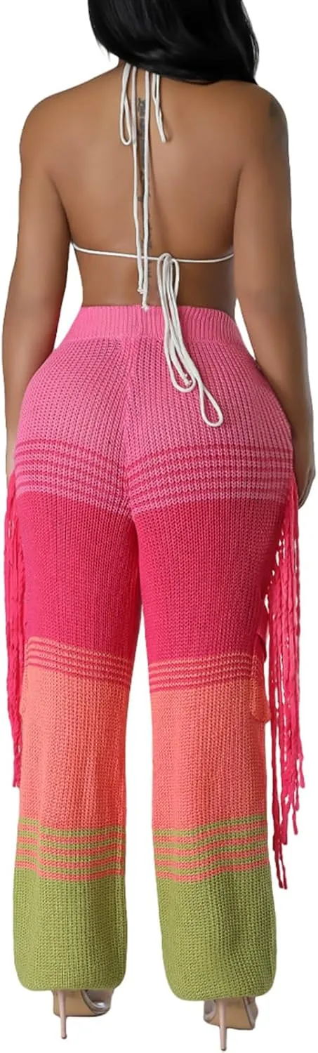 Famnbro Women's Color Block Crochet Knit Pants Drawstring High Waist Cargo Pockets Side Tassel Loose Trousers