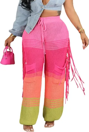 Famnbro Women's Color Block Crochet Knit Pants Drawstring High Waist Cargo Pockets Side Tassel Loose Trousers