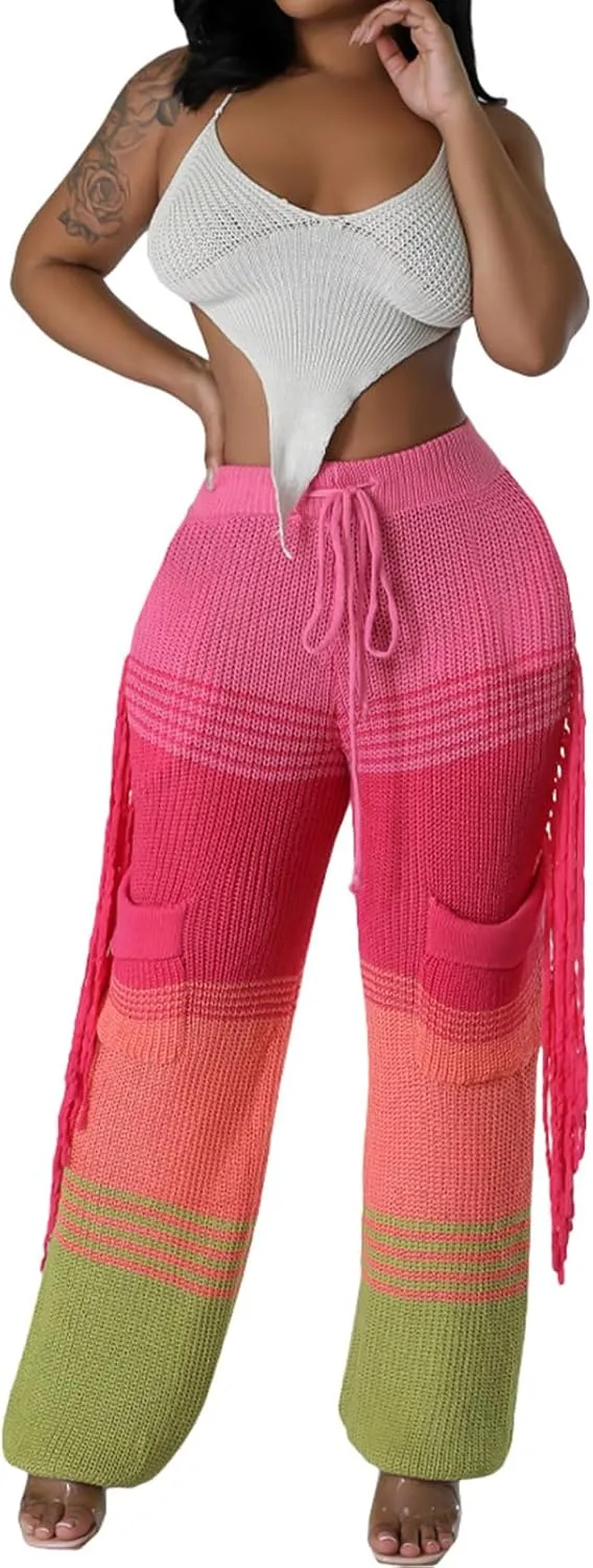 Famnbro Women's Color Block Crochet Knit Pants Drawstring High Waist Cargo Pockets Side Tassel Loose Trousers