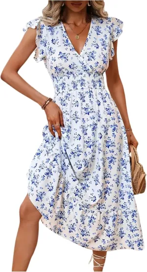 fanmpghleoo Summer Dresses for Women Wrap Deep V Neck Floral Dress Elastic Empire Waist Cap Sleeve Wedding Guest Midi Dress