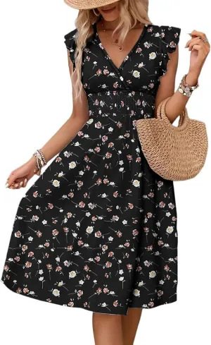 fanmpghleoo Summer Dresses for Women Wrap Deep V Neck Floral Dress Elastic Empire Waist Cap Sleeve Wedding Guest Midi Dress