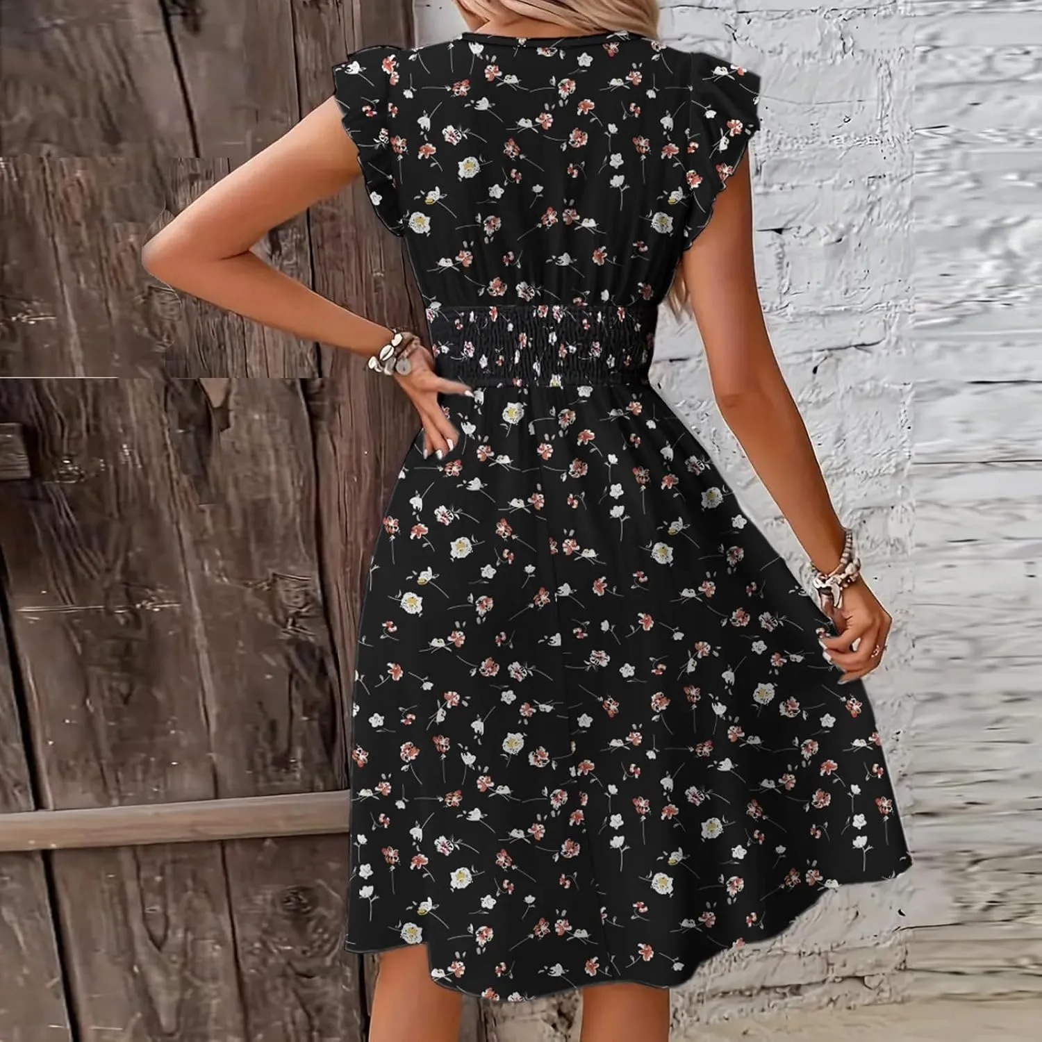 fanmpghleoo Summer Dresses for Women Wrap Deep V Neck Floral Dress Elastic Empire Waist Cap Sleeve Wedding Guest Midi Dress