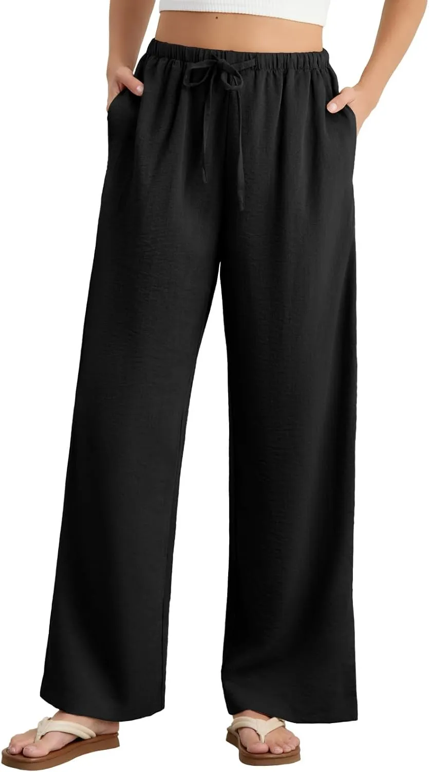 Feiersi Women's Casual Pants Drawstring Elastic Waist Pants Flowy Wide Leg Beach Trousers with Pockets