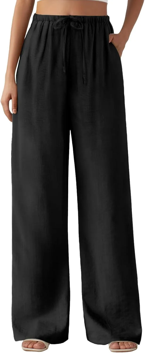 Feiersi Women's Casual Pants Drawstring Elastic Waist Pants Flowy Wide Leg Beach Trousers with Pockets