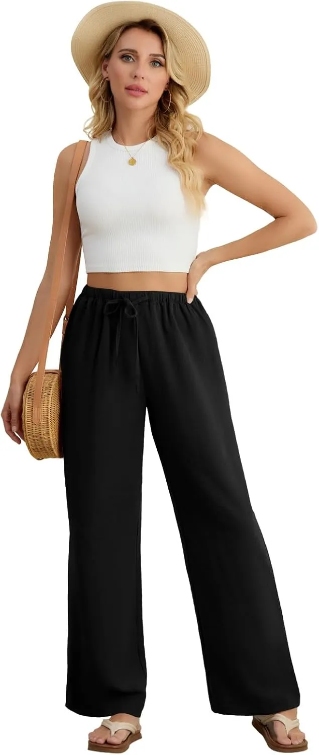 Feiersi Women's Casual Pants Drawstring Elastic Waist Pants Flowy Wide Leg Beach Trousers with Pockets
