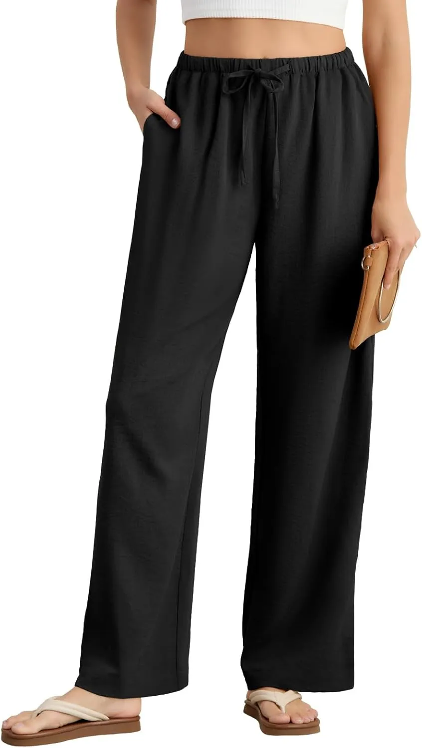 Feiersi Women's Casual Pants Drawstring Elastic Waist Pants Flowy Wide Leg Beach Trousers with Pockets