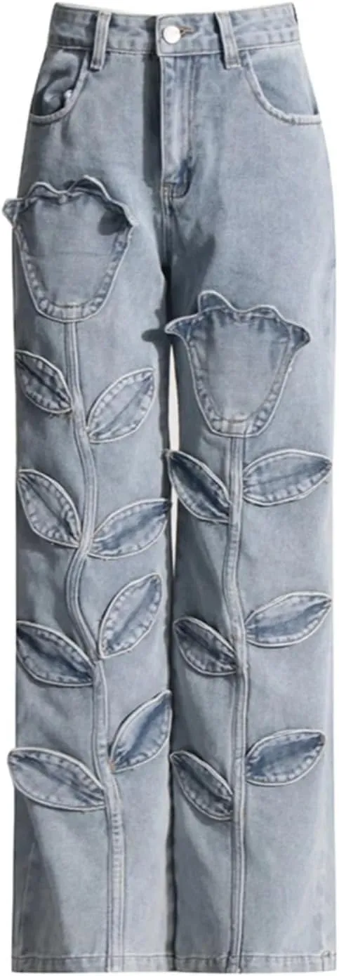 Floral Casual Denim Trousers for Women High Waist Spliced Button Loose Wide Leg Pants Female Autumn