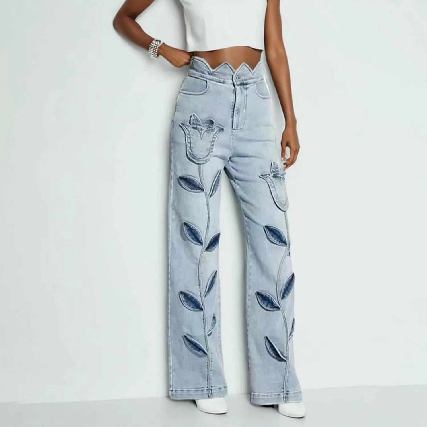 Floral Casual Denim Trousers for Women High Waist Spliced Button Loose Wide Leg Pants Female Autumn