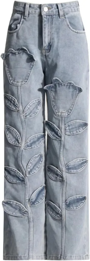 Floral Casual Denim Trousers for Women High Waist Spliced Button Loose Wide Leg Pants Female Autumn